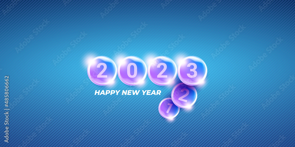 2023 Happy new year horizontal web banner background and 2023 greeting card, cover with text. vector 2023 new year sticker, label, icon, logo and badge isolated on stylish blue modern background