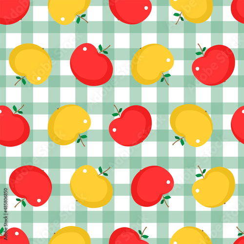 Apple fruit. Fruit seamless background or wallpaper. Checkered plaid repeated design great for kitchen and food digital paper, textile, fabric, decor, wrapping. Vintage surface illustration.