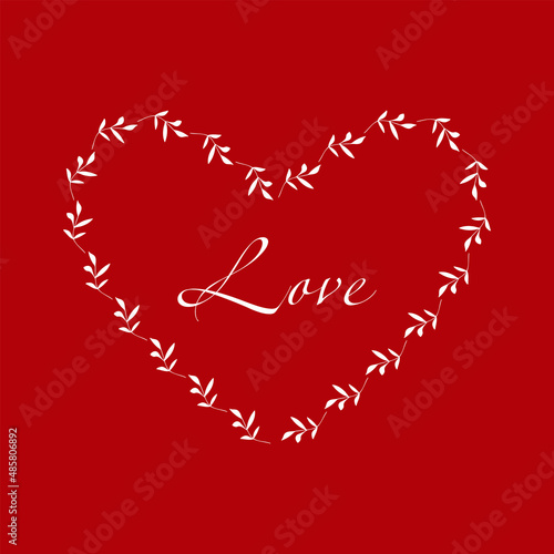 Happy Valentine's Day Hand Drawn Vector Card. Pink Heart Made of Flowers, Dots and Twigs. White Background. Cute Infantile Style Design. White Hearts Vector Pattern. Pink Background. Funny Rustic Art.