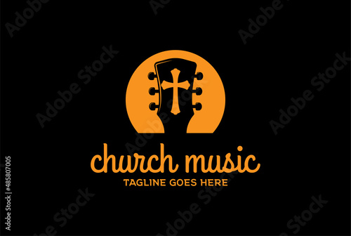 Simple Sunset with Guitar and Christian Cross for Church Song Music Logo Design Vector