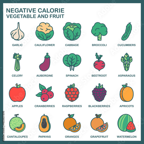 Set of negative calorie vegetables and fruits, filled outline icon