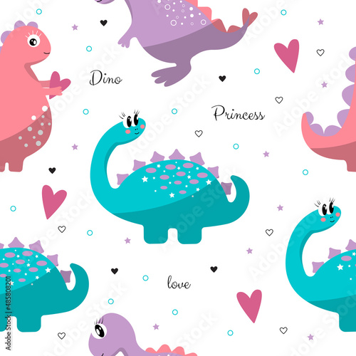 Cute dinosaurs. Seamless pattern. Greeting packaging, background for little princess, print on fabric. Romantic, hearts, stars