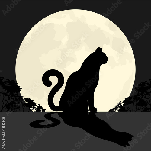 silhouette of black cat sitting on roof of house against backdrop of large full moon. Night life of urban animals. Minimalistic vector illustration