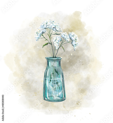 Achillea flowers in a green glass vase. Watercolor spring white bouquet in a vintage bottle on a blurry background. Achillea millefolium.