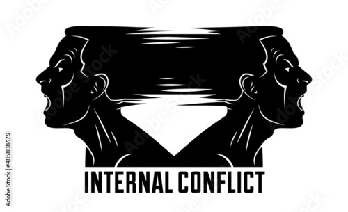 Ambivalence inner conflict and bipolar disorder mental health vector conceptual illustration or logo visualized by two face profiles screaming and shouting in anger.
