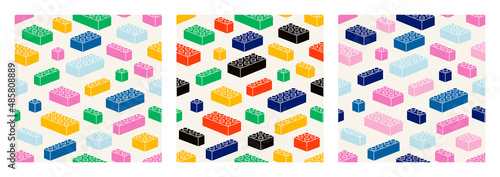 Colorful isometry plastic bricks. Building blocks for children construction kits. Children leisure games , preschool activities concept. Toy erector blocks set . Hand drawn Vector seamless Pattern set.