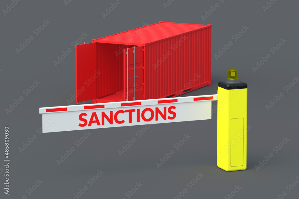 Shipping container, barrier with word sanctions. Delivery ban. Cargo