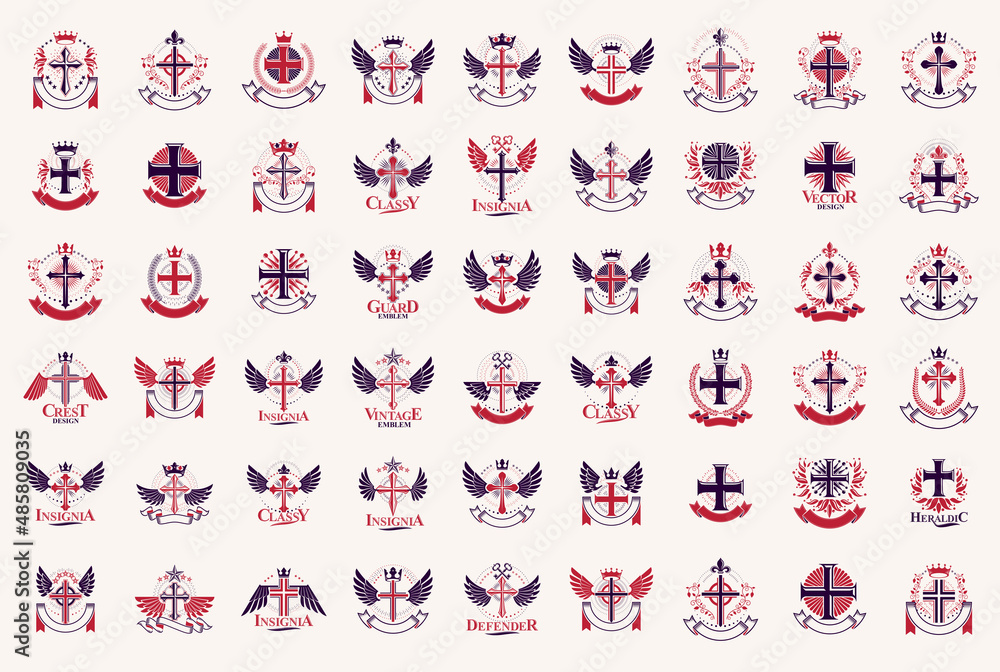 Religion crosses logos big vector set, vintage heraldic Christian ...