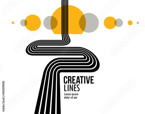 Linear composition vector road to horizon, abstract background with lines in 3D perspective, optical illusion op art, black and yellow colors.