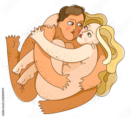 Couple in love hugging naked, lovers with passion girlfriend and boyfriend st Valentine day vector illustration 14 February greeting card.