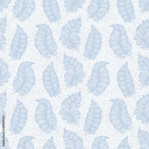 Seamless pattern with decorative feathers. Openwork leaves on a checkered linen background with burlap texture. Soft light blue colors. Template for fabrics, wallpaper, textiles, pillows, bed linen.