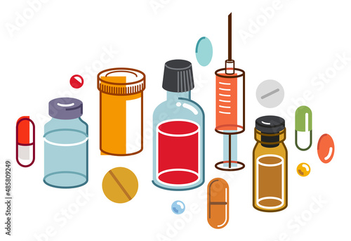 Pharmacy drugs apothecary bottles and pills and ampules, big composition set of medicaments vector flat illustration isolated, health care and healing medical theme design.