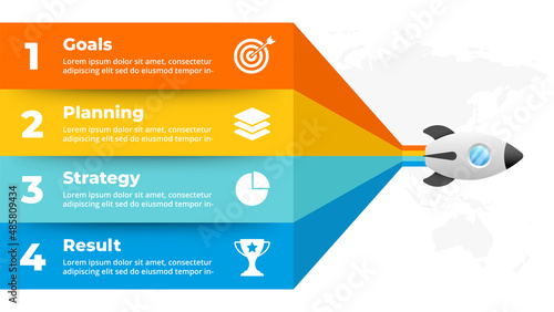 Startup vector infographic. Rocket launch. Presentation slide template. Spaceship fly. Business success diagram chart. Timeline roadmap 4 options, steps. Creative project concept. World map.