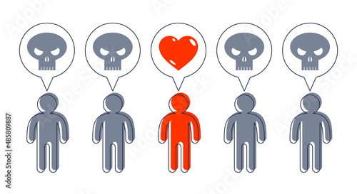 One man have mind and belief of love and good while all the rest have bad minds of death of skulls vector concept design.