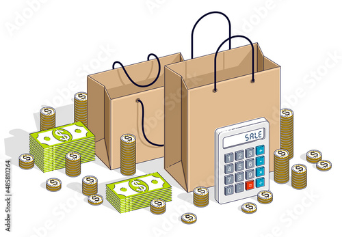Big Sale concept, Retail, Sellout, Shopping Bag with cash money stacks and calculator isolated on white background. Vector 3d isometric business and finance illustration, thin line design.