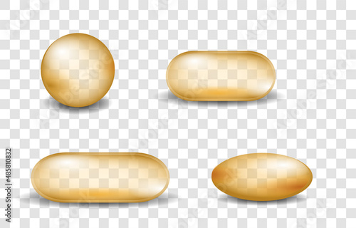 realistic gel capsules vitamin supplementation isolated on transparent background, capsules with oil gold round and oval pills.
