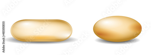realistic capsules with oil gold round and oval pills isolated on white background, gel capsules vitamin supplementation.