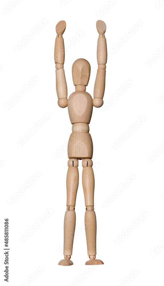 wooden dummy raised two hands in greeting, isolated on white wooden dummy raised two hands in greeting, isolated on white