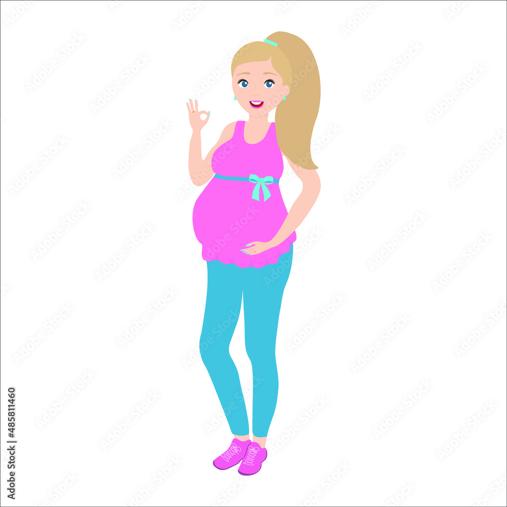 Vector illustration of a pretty pregnant blonde girl in a pink top, blue jeans and black sneakers on a white background. Baby shower Vector illustration of a pretty pregnant blonde girl in a pink top, blue jeans and black sneakers on a white background. Baby shower