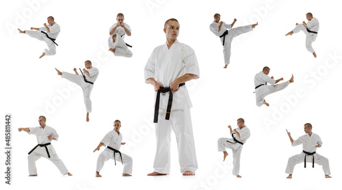 Foto Collage of young sportive man in white kimono practising, training martial arts,