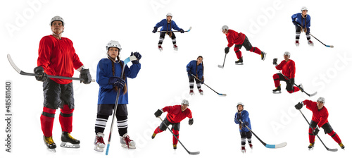 Collage ofman and girl  professional hockey players posing isolated over white background
