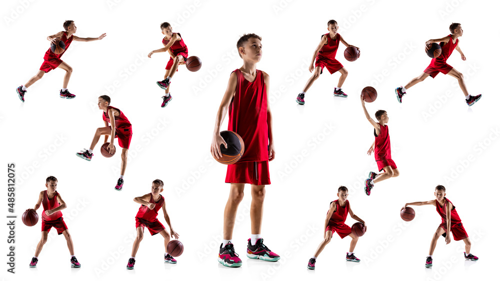 Collage of portrait of teen boy, basketball player in red uniform playing, training isolated over white background