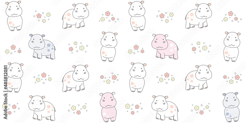 Cute little hippo on white background with flowers. Endless texture with tiny behemoth. Vector seamless pattern for kids wallpaper, cover, wrapping paper, packaging, wrapper, surface texture and print