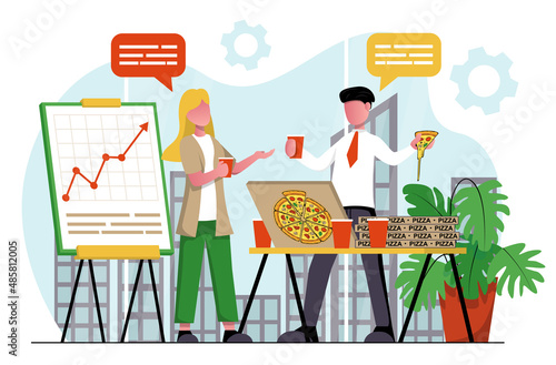 Office party. Colleagues ordered a pizza delivery to the office.