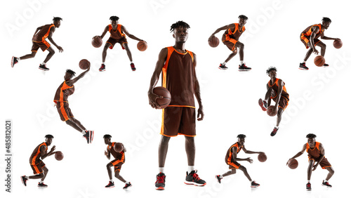 Collage of portrait of professional basketball player in brown uniform playing, training isolated over white background photo