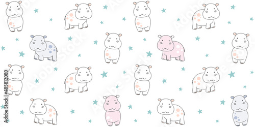 Cute little hippo on white background with small stars. Endless texture with behemoth. Vector seamless pattern for kids wallpaper, cover, wrapping paper, packaging, wrapper, surface texture and print