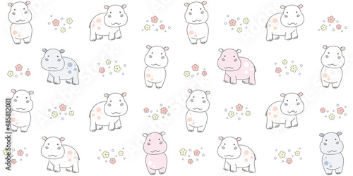 Cute little hippo on white background with flowers. Endless texture with tiny behemoth. Vector seamless pattern for kids wallpaper, cover, wrapping paper, packaging, wrapper, surface texture and print
