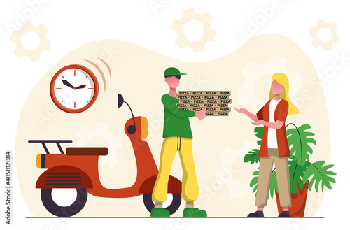 Food delivery. A food delivery man brought a pizza to a girl on a scooter.