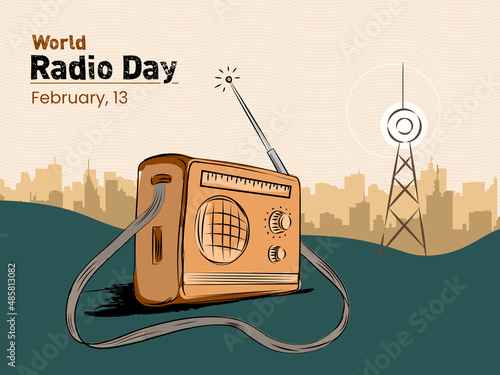 World Radio Day (13th February), hand drawn flat line art Vector Illustration.