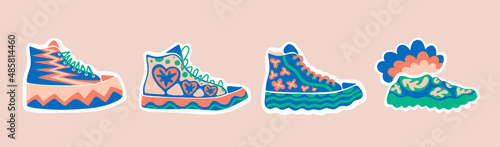Clothing and accessories, beauty fashion.Team sport icon graphic. Sneakers hand drawn flat colourful style. Shoe footwear. Vector illustration. girl decor
