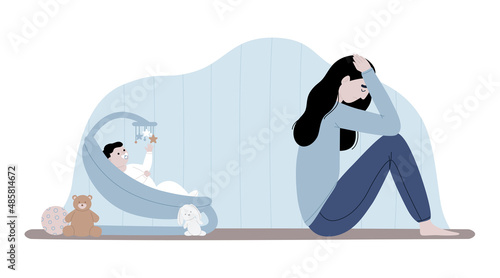 Postpartum depression concept vector illustration. Flat style child toddler in baby bouncer seat and sad depressed mother indoor. Maternity frustration, postnatal dysphoria, anxiety. Mental disorder