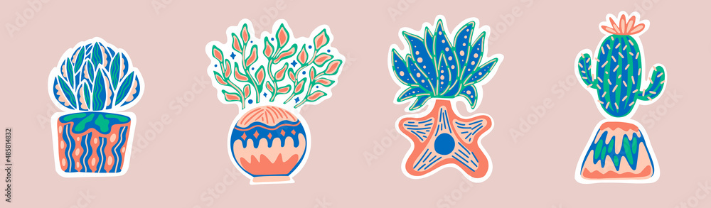 Obraz premium Flower hand drawn vector. Succulent home plant.Decorations sticker.Tropical leaves urban jungle.Various cactus collection.Silhouette style illustration. Vase saguaro.Funny cute wild