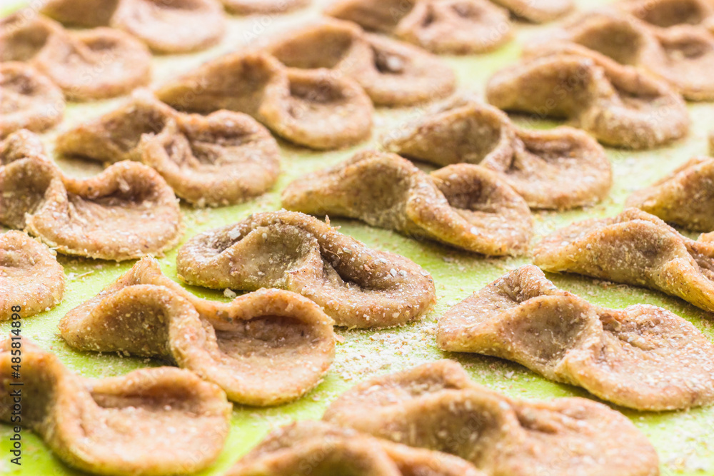 Homemade raw farfalle pasta on cutting board close up. Pasta of whole grain flour sprinkled with flour. Home cooking, healthy food concept Homemade raw farfalle pasta on cutting board close up. Pasta of whole grain flour sprinkled with flour. Home cooking, healthy food concept