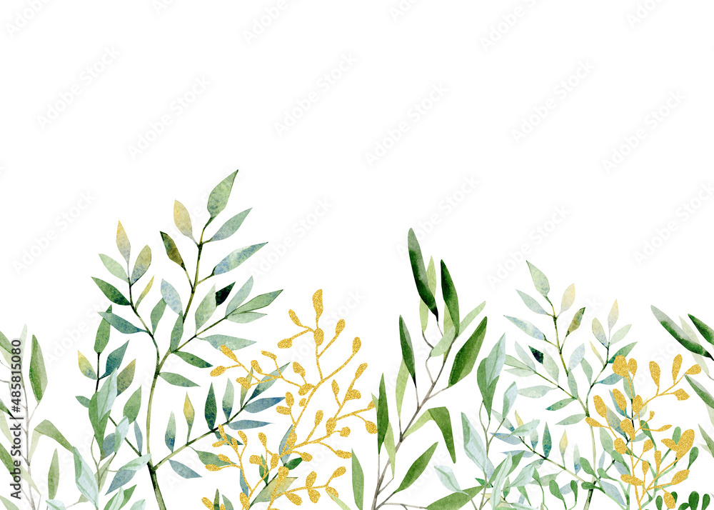 Watercolor floral horizontal pattern with leaves, foliage, plants. Garden greenery banner botanical background. Stock illustration.