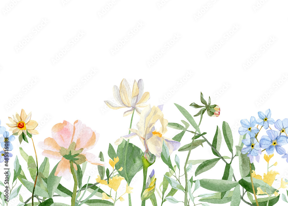 Naklejka premium Watercolor floral horizontal pattern with wildflowers, leaves, foliage, plants. Garden banner botanical background. Stock illustration.