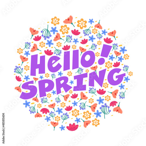 Purple Hello Spring Text Over Colorful Floral In Circular Shape On White Background.
