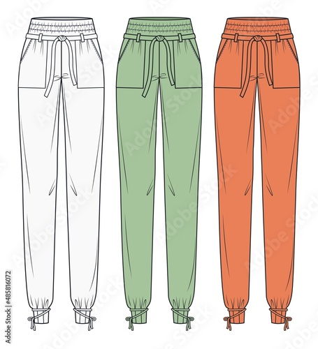 Jogger Pants fashion flat template. Lounge Pants fashion colorway. Loungewear natural colors fashion flat template. Sports wear fashion drawing template.