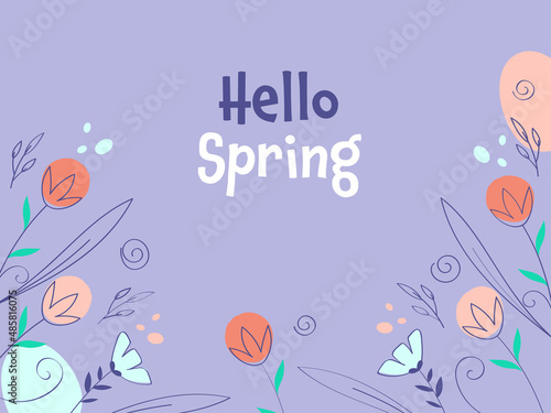 Hello Spring Font With Doodle Style Flowers, Leaves Decorated On Pastel Violet Background.