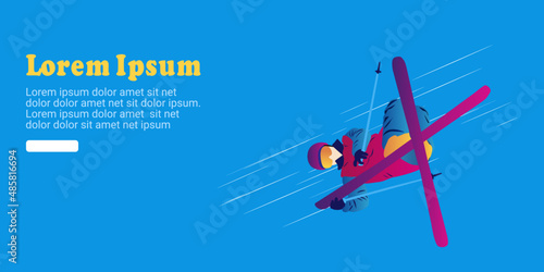 Cartoon illustration of an abstract man ski jumping on a blue background. Ski Jumping, Freeski Big Air, Freeski Halfpipe