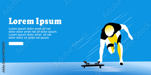  UI design of an abstract man riding a two-strip sled on an ice chute on an abstract blue background. skeleton