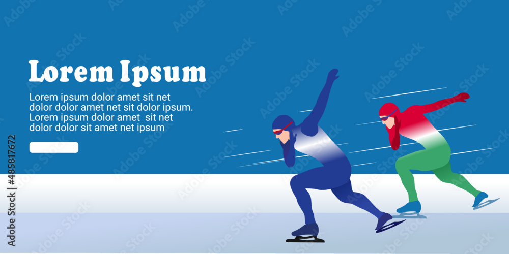 Cartoon illustration of an abstract man skating on ice on abstract blue background. speed skating