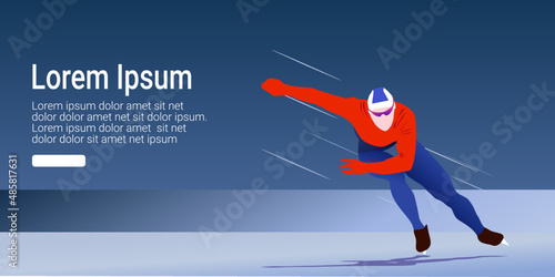 Cartoon illustration of an abstract man skating on ice on abstract blue background. speed skating