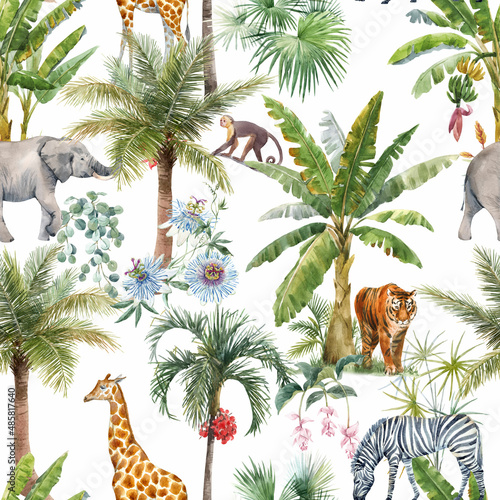Beautiful seamless pattern with watercolor tropical palms and jungle animal tiger elephant giraffe. Stock illustration.