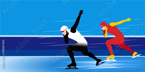Cartoon illustration of an abstract man skating on ice on abstract blue background. speed skating
