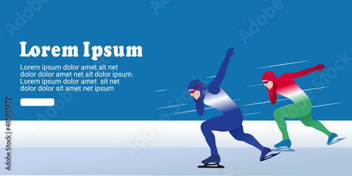Cartoon illustration of an abstract man skating on ice on abstract blue background. speed skating
