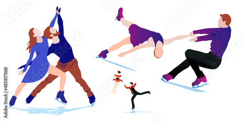 Cartoon illustration  of abstract man and woman skating on ice on white background